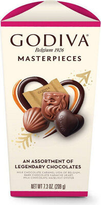 An Assortment Of Legendary Chocolates, Milk Chocolate Caramel, Dark Chocolate, Milk Chocolate Hazelnut