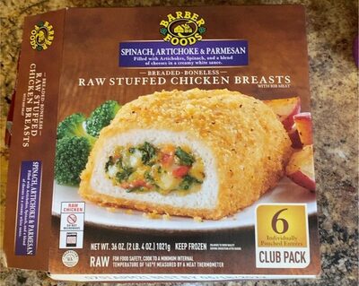Spinach, Artichoke & Parmesan Filled With Artichokes, Spinach, And A Blend Of Cheeses In A Creamy White Sauce Breaded-Boneless Raw Stuffed Chicken Breasts With Rib Meat, Spinach, Artichoke & Parmesan