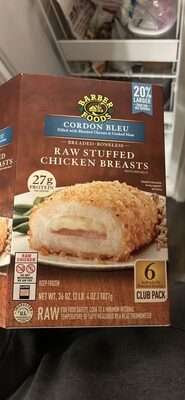 Cordon Bleu Breaded & Boneless Raw Stuffed Chicken Breasts With Rib Meat, Cordon Bleu