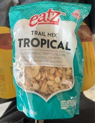 Tropical Peanuts, Raisins, Candy Coated Gems, Cashews, Pineapple, Cranberries, Papaya, Banana Chips, & Almonds Trail Mix, Tropical