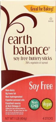 Earth Balance Soy Free Buttery Sticks, Vegan Butter Alternative, 1 LB (4 Sticks)