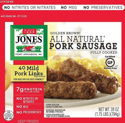 Golden Brown All Natural Pork Sausage Links, Mild, Minimum 40 Links/Bag, 28 oz.