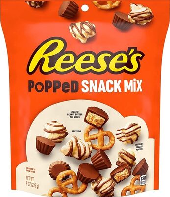 Popped Snack Mix, Peanut Butter Cup Minis, Pretzels, Chocolate Drizzled Popcorn