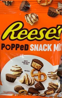 Popped Snack Mix, Peanut Butter Cup Minis, Pretzels, Chocolate Drizzled Popcorn