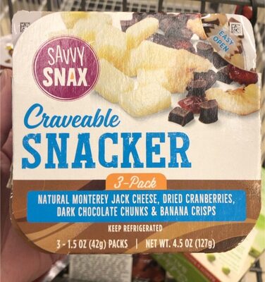 Natural Monterey Jack Cheese, Dried Cranberries, Dark Chocolate Chunks & Banana Crisps Craveable Snacker, Natural Monterey Jack Cheese, Dried Cranberries, Dark Chocolate Chunks & Banana Crisps