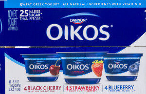 Oikos Dannon Greek Fruit on the Bottom Black Cherry, Strawberry & Blueberry Nonfat Yogurt 12-5.3 oz. Cups
