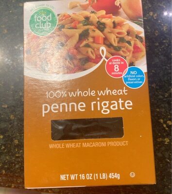 100% Whole Wheat Macaroni Product, Penne Rigate