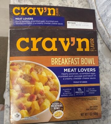 Meat Lovers Hearty Potatoes, Scrambled Eggs, Crumbled Pork Sausage And Bacon In A Creamy Cheddar Cheese Sauce Breakfast Bowl, Meat Lovers