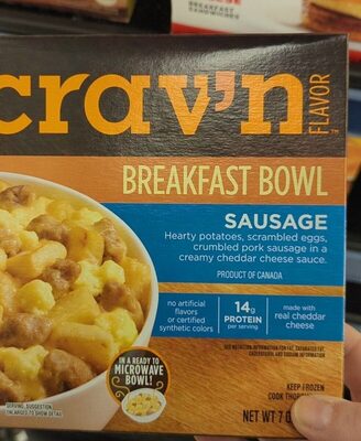 Sausage Hearty Potatoes, Scrambled Eggs, Crumbled Pork Sausage In A Creamy Cheddar Cheese Sauce Breakfast Bowl, Sausage
