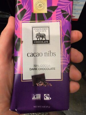 Cacao Nibs + Dark Chocolate 72% Cocoa Chocolate Bar, Cacao Nibs + Dark Chocolate