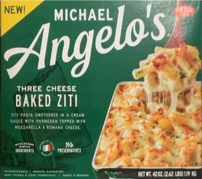 Three Cheese Baked Ziti Pasta Smothered In A Cream Sauce With Parmesan Topped With Mozzarella & Romano Cheese, Three Cheese
