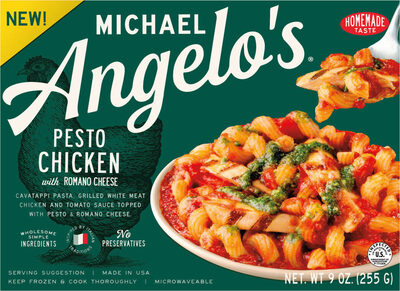 Microwaveable Pesto Chicken With Romano Cheese Cavatappi Pasta, Grilled White Meat Chicken And Tomato Sauce Topped With Pesto & Romano Cheese., Pesto Chicken