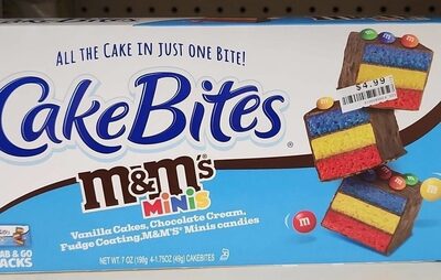Vanilla Cakes, Chocolate Cream, Fudge Coating, M&M's Minis Candies Cake Bites
