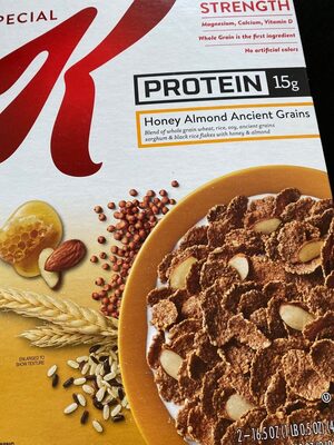 Honey Almond Ancient Grains Blend Of Whole Grain Wheat, Rice, Soy, Ancient Grains, Sorghum & Black Rice Flakes With Honey & Almond Protein Cereal, Honey Almond Ancient Grains