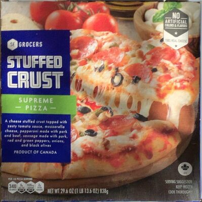 Stuffed Crust Supreme Pizza A Cheese Stuffed Crust Topped With Zesty Tomato Sauce, Mozzarella Cheese, Pepperoni Made With Pork And Beef, Sausage Made With Pork, Red And Green Peppers, Onions, And Black Olives, Stuffed Crust