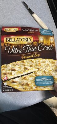 Garlic Chicken Alfredo Crispy Pizza Topped With Mozzarella, Asiago Cheeses, Creamy Garlic Alfredo Sauce, White Meat Chicken & Spices Ultra Thin Crust Pizza, Garlic Chicken Alfredo