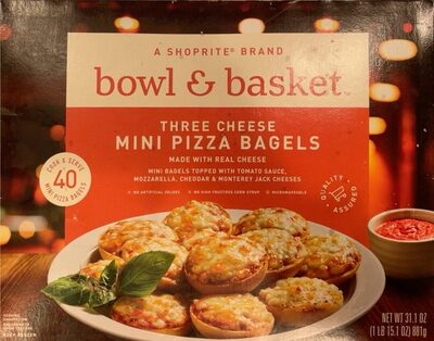 Three Cheese Mini Pizza Bagels Topped With Tomato Sauce, Mozzarella, Cheddar & Monterey Jack Cheeses, Three Cheese