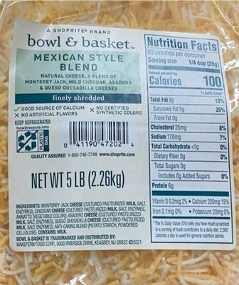 Mexican Style Blend Of Monterey Jack, Mild Cheddar, Asadero & Queso Quesadilla Finely Shredded Cheeses, Mexican Style Blend