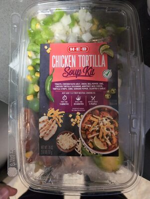 Chicken Tortilla Tomato, Chicken Fajita Meat, Onion, Bell Pepper, Lime, Seasoning Packet, Monterey Jack Cheese, Tortilla Strips, Corn, Serrano Pepper, Cilantro, And Garlic Soup Kit, Chicken Tortilla