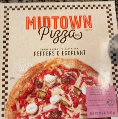 Midtown Pizza Co., Peppers & Eggplant Mozzarella, Red Peppers, Eggplant, Buffalo Ricotta, Romano Cheese, Red Onion Stone Baked Italian Pizza, Peppers & Eggplant