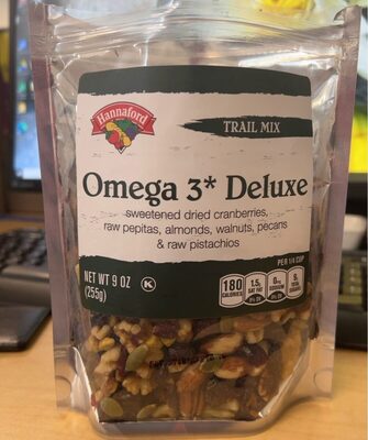 Sweetened Dried Cranberries, Raw Pepitas, Almonds, Walnuts, Pecans & Raw Pistachios Omega 3 Deluxe Trail Mix, Sweetened Dried Cranberries, Raw Pepitas, Almonds, Walnuts, Pecans & Raw Pistachios