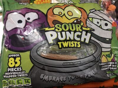 Assorted Flavors Candy Twists, Ghostly Green Apple, Ghoulish Grape, Oozing Orange
