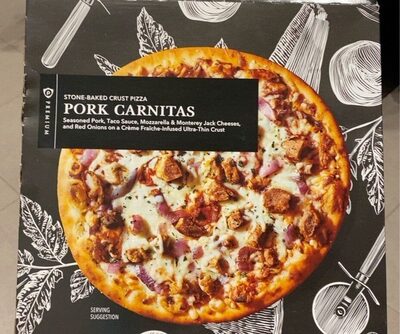 Pork Carnitas Seasoned Pork, Taco Sauce, Mozzarella & Monterey Jack Cheeses, And Red Onions On A Creme Fraiche-Infused Ultra-Thin Crust Stone-Baked Crust Pizza, Pork Carnitas