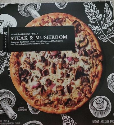 Steak & Mushroom Seasoned Beef Steak Slices, Porcini Sauce, And Mushrooms On A Creme Frache-Infused Ultra-Thin Crust Stone-Baked Crust Pizza, Steak & Mushroom