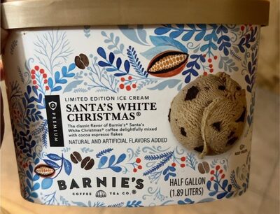 Santa's White Christmas The Classic Flavor Of Barnie's Santa's White Christmas Coffee Delightfully Mixed With Cocoa Espresso Flakes Premium Ice Cream, Santa's White Christmas