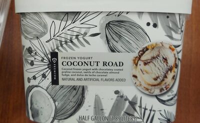 Coconut Road Frozen Yogurt With Chocolatey Coated Praline Coconut, Swirls Of Chocolate Almond Fudge, And Dulce De Leche Caramel, Coconut Road