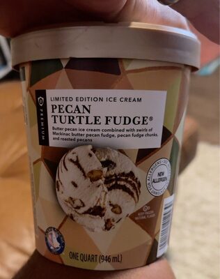 Pecan Turtle Fudge Butter Pecan Premium Ice Cream Combined With Swirls Of Mackinac Butter Pecan Fudge, Pecan Fudge Chunks, And Roasted Pecans, Pecan Turtle Fudge
