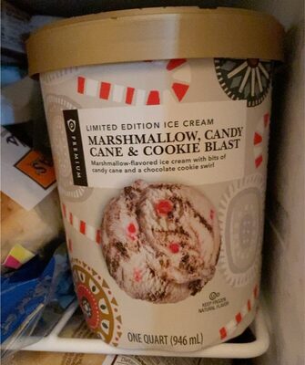 Marshmallow, Candy Cane & Cookie Blast Marshmallow-Flavored Premium Ice Cream With Bits Of Candy Cane And A Chocolate Cookie Swirl, Marshmallow, Candy Cane & Cookie Blast