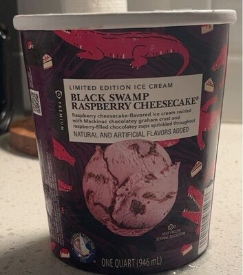 Raspberry Cheesecake-Flavored Swirled With Mackinac Chocolatey Graham Crust And Black Raspberry-Filled Chocolatey Cups Sprinkled Throughout Ice Cream, Black Swamp Raspberry Cheesecake