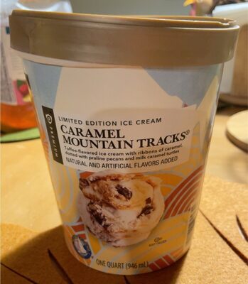 Caramel Mountain Tracks Toffee-Flavored Premium Ice Cream With Ribbons Of Mackinac Caramel, Dotted With Praline Pecans And Milk Caramel Turtles, Caramel Mountain Tracks