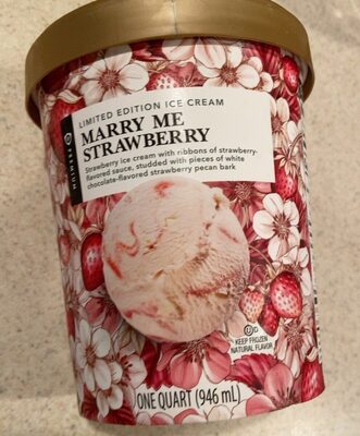Marry Me Strawberry Ice Cream With Ribbons Of Strawberry Flavored Sauce, Studded With Pieces Of White Chocolate-Flavored Strawberry Pecan Bark, Marry Me Strawberry