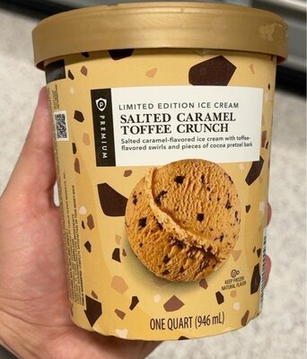 Salted Caramel Toffee Crunch Flavored Ice Cream With Toffee-Flavored Swirls And Pieces Of Cocoa Pretzel Bark, Salted Caramel Toffee Crunch