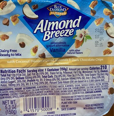 Vanilla Almondmilk Yogurt Alternative With Coconut Flavored Diced Almonds & Dark Chocolate Chips, Vanilla With Coconut Flavored Diced Almonds & Dark Chocolate Chips