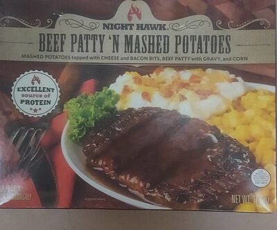 Beef Patty 'N Mashed Potatoes Topped With Cheese And Cured Bacon Bits, Beef Patty With Gravy, And Corn, Beef Patty 'N Mashed Potatoes