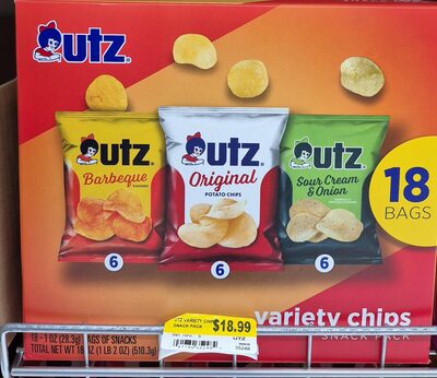 Utz Variety Chips Snack Pack, 1 Oz, 18 Count, Sour Cream; Onion; Barbecue
