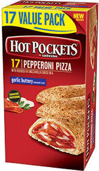 Hot Pockets Pepperoni Pizza Garlic Buttery Crust Frozen Snacks, Pizza Snacks Made with Mozzarella Cheese, 17 Count Frozen Sandwiches
