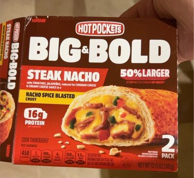 Hot Pockets Big & Bold Steak Nacho Frozen Snacks, Frozen Steak Sandwich with Reduced Fat Cheddar Cheese, 2 Count Microwave Snacks
