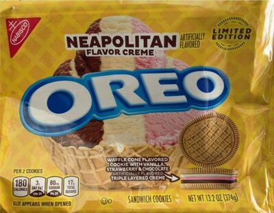 Neapolitan Creme Waffle Cone Flavored Cookie With Vanilla, Strawberry & Chocolate Triple Layered Creme Sandwich Cookies, Neapolitan Creme, Waffle Cone, With Vanilla, Strawberry & Chocolate