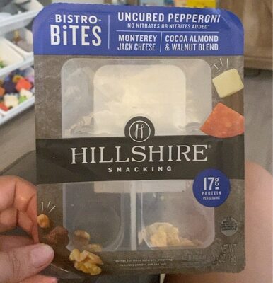 Uncured Pepperoni, Monterey Jack Cheese, Cocoa Almond & Walnut Blend Bistro Bites, Uncured Pepperoni, Monterey Jack Cheese, Cocoa Almond & Walnut Blend