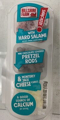 Snacked! With Hard Salami, Mini Chocolate Covered Pretzel Rods Monterey Jack & Cheese Cubes