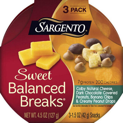 Colby Natural Cheese, Dark Chocolate Covered Peanuts, Banana Chips & Creamy Peanut Drops Snacks, Colby Natural Cheese, Dark Chocolate Covered Peanuts, Banana Chips & Creamy Peanut