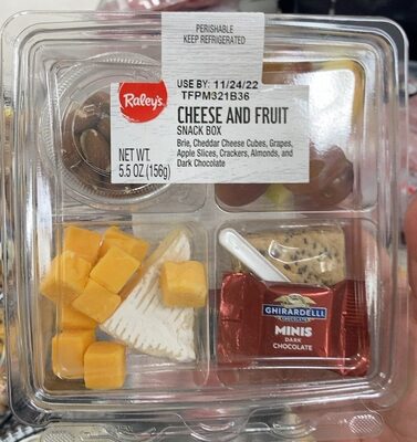 Cheese And Fruit Brie, Cheddar Cheese Cubes, Grapes, Apple Slices, Crackers, Almonds, And Dark Chocolate Snack Box, Cheese And Fruit