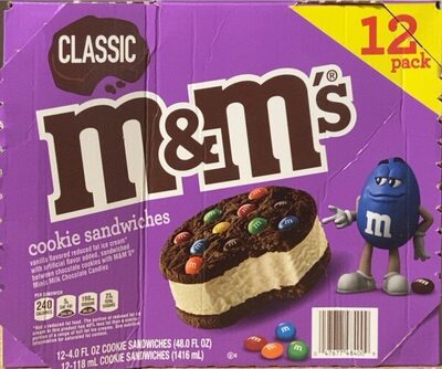 Classic Vanilla Flavored Reduced Fat Ice Cream, Sandwiched Between Chocolate Cookies With M&M's Minis Milk Chocolate Candies Cookie Sandwiches, Classic