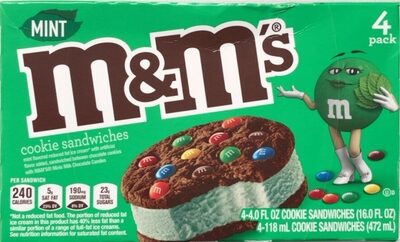 Mint Flavored Reduced Fat Ice Cream Sandwiched Between Chocolate Cookies With M&M's Minis Milk Chocolate Candies Cookie Sandwiches, Mint