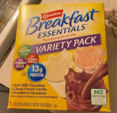Carnation Breakfast Essentials Nutrition Powder Drink Mix Variety Pack, 1.26 Oz, 10 Count, French Vanilla; Chocolate; Strawberry