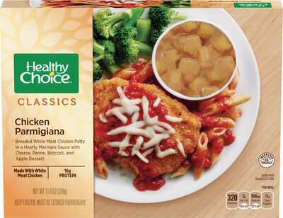 Chicken Parmigiana Breaded White Meat Chicken Patty In A Hearty Marinara Sauce With Cheese, Penne, Broccoli, And Apple Dessert Classics, Chicken Parmigiana